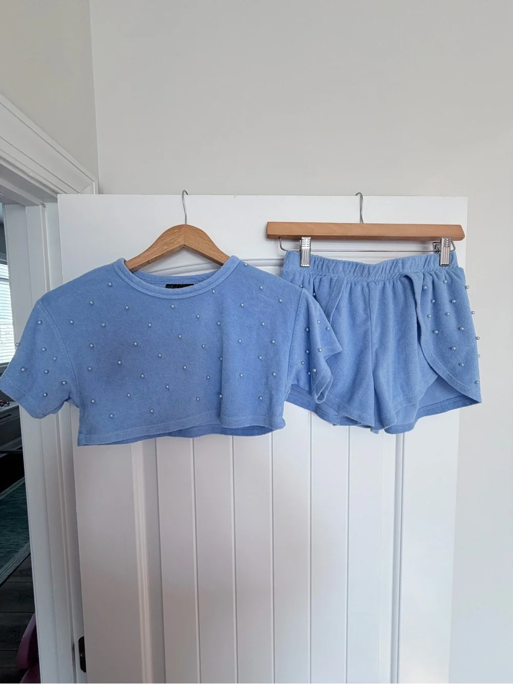 Ava & Yelly Swim Blue Pearl Terry Crop Top Shorts Set L